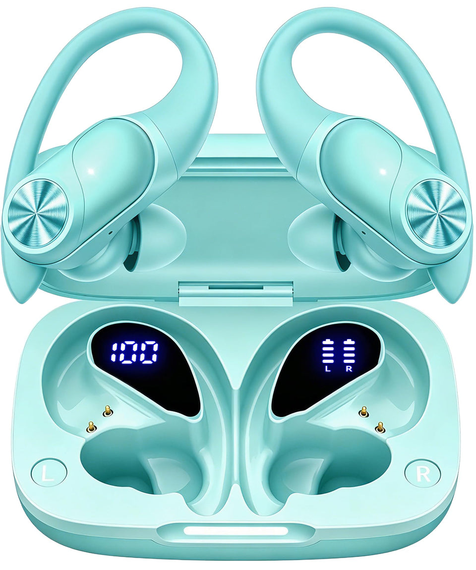 PocBuds mint green front packaging showing earbuds and case, highlights convenience