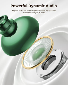 PocBuds case next to smartphone to show compact scale and portability
