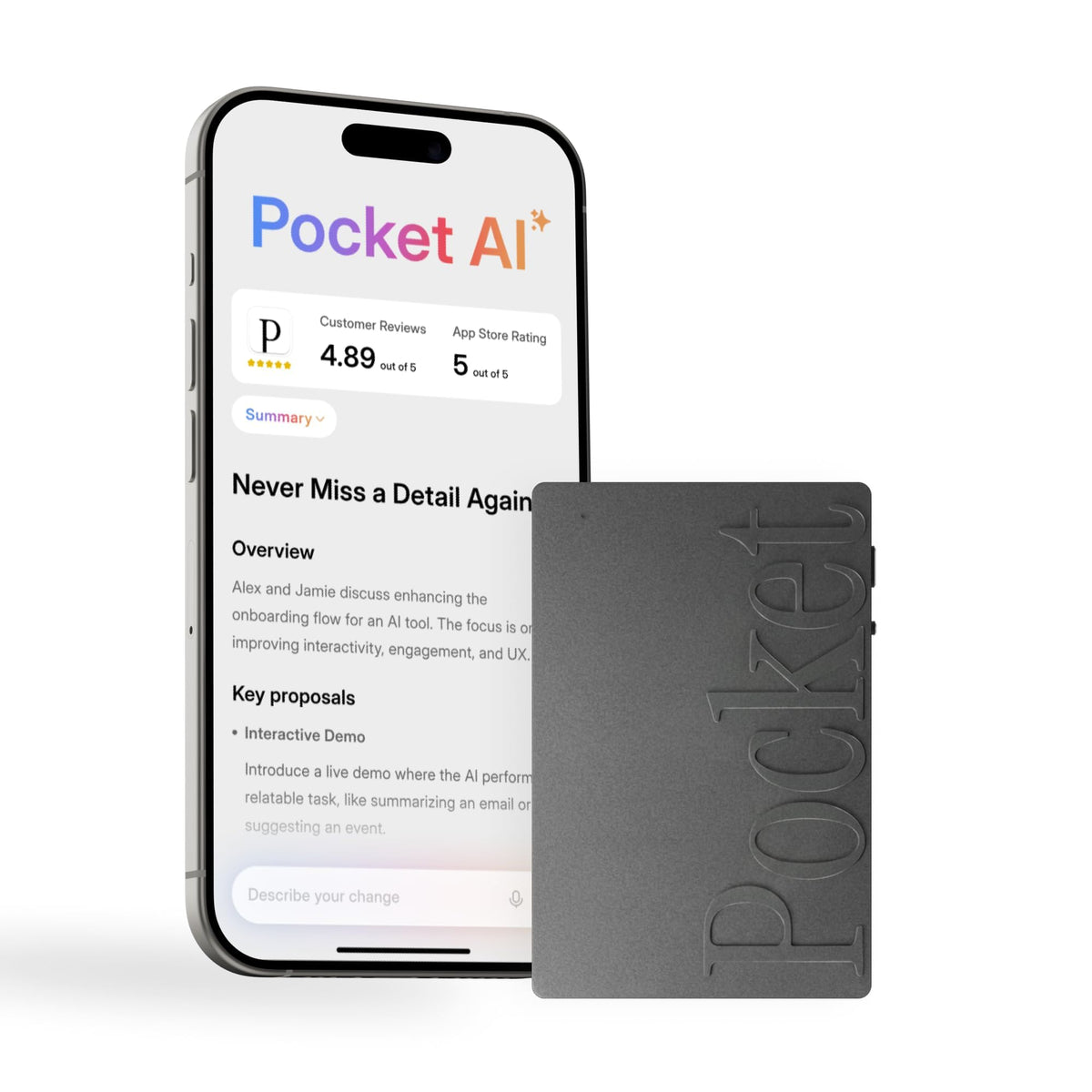 Pocket AI Voice Recorder on a desk captures meetings for quick notes and summaries.