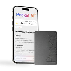Pocket AI Voice Recorder on a desk captures meetings for quick notes and summaries.