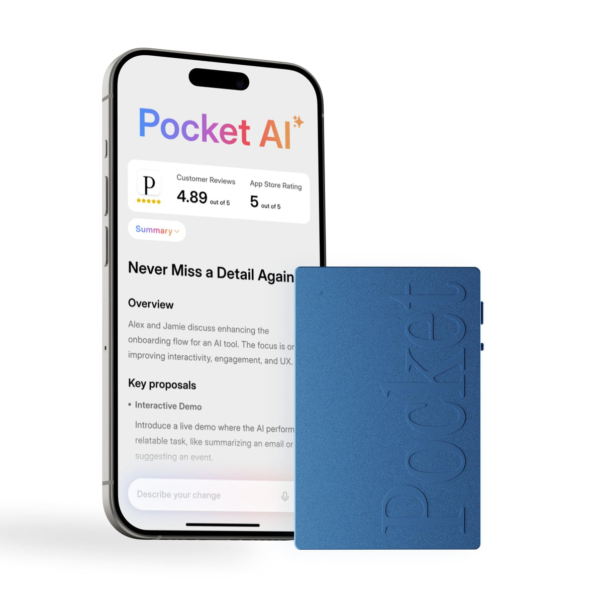 Pocket AI voice recorder held in hand for on-the-go note capture