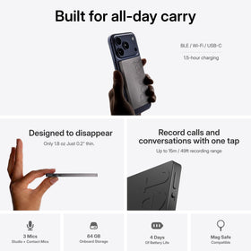 Pocket transcription UI showing summaries, action items, and structured notes.