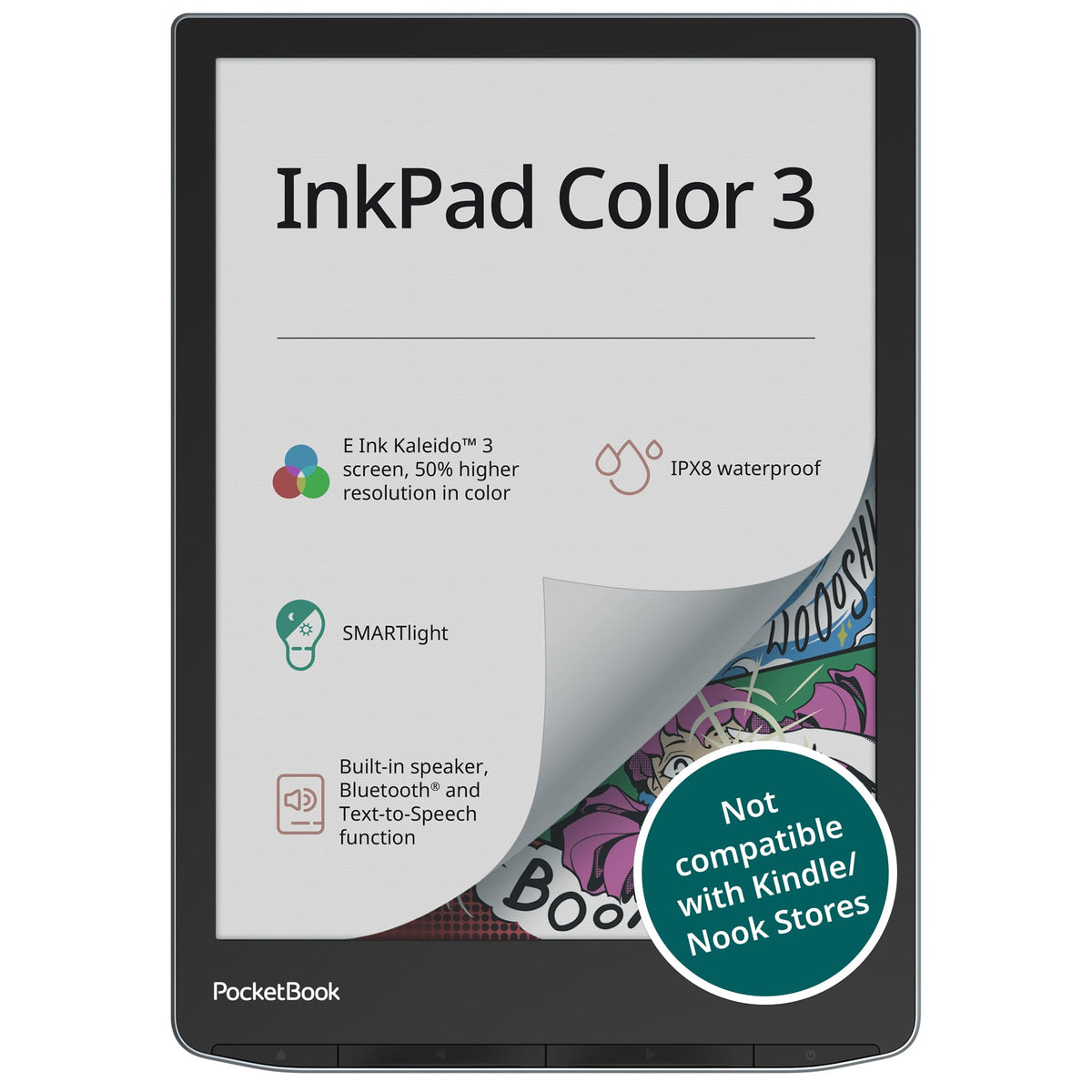 PocketBook InkPad Color 3 front view, a compact reader ready for travel.