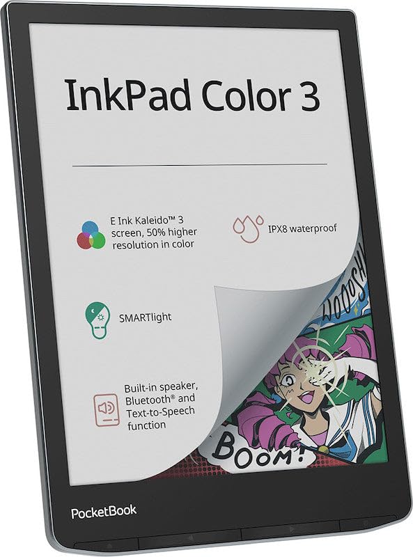 PocketBook InkPad Color 3 waterproof icon emphasizes IPX8 protection.