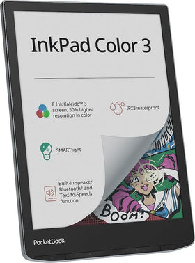PocketBook InkPad Color 3 waterproof icon emphasizes IPX8 protection.