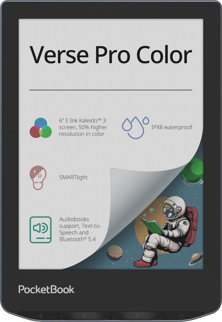 PocketBook Verse Pro Color 6inch E Ink display for crisp, glare-free reading.