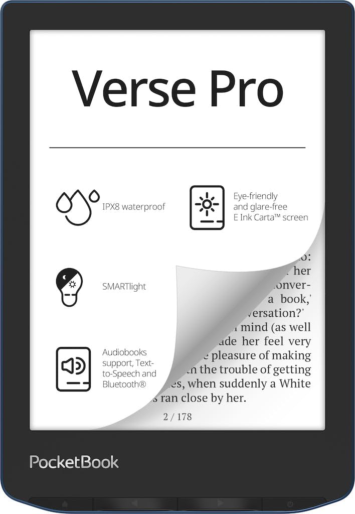 PocketBook Verse Pro screen reading setup shows a glare-free 6-inch display for comfortable long reading.