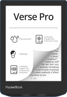 PocketBook Verse Pro screen reading setup shows a glare-free 6-inch display for comfortable long reading.