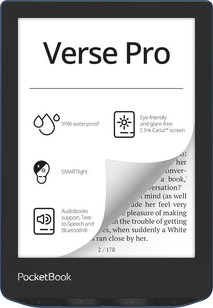 PocketBook Verse Pro screen reading setup shows a glare-free 6-inch display for comfortable long reading.