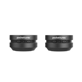 pockettunes front packaging showing compact 2‑pack and accessories benefit portability