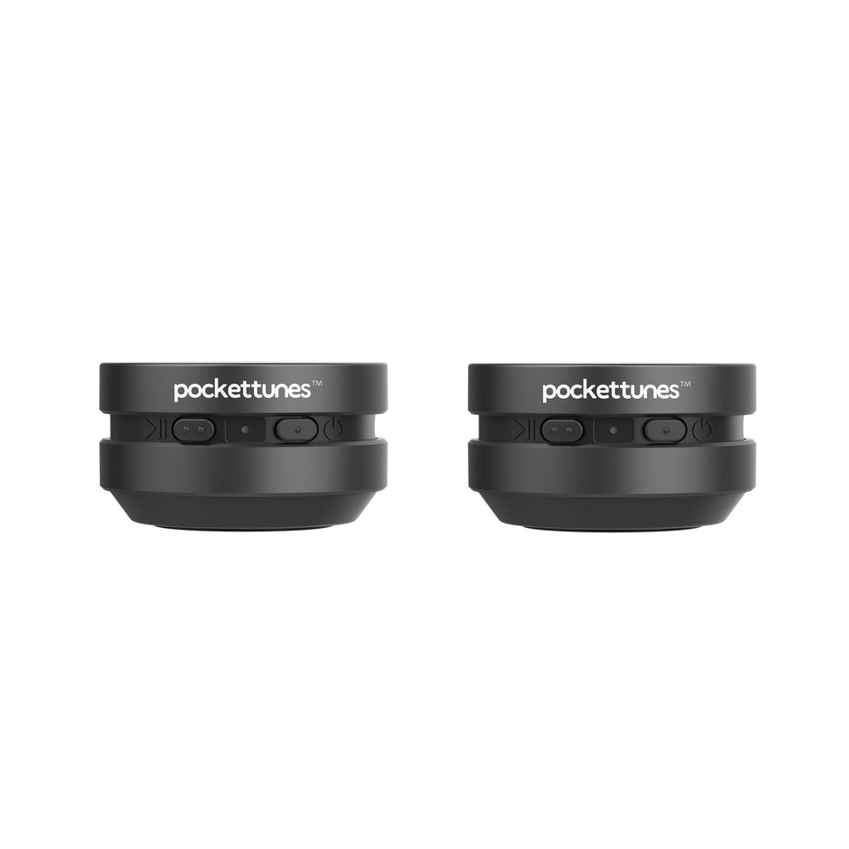 pockettunes front packaging showing compact 2‑pack and accessories benefit portability
