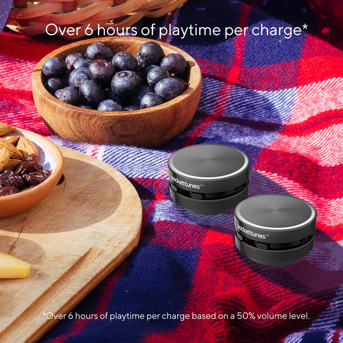 pockettunes on picnic blanket showing portable stereo sound for outdoor enjoyment