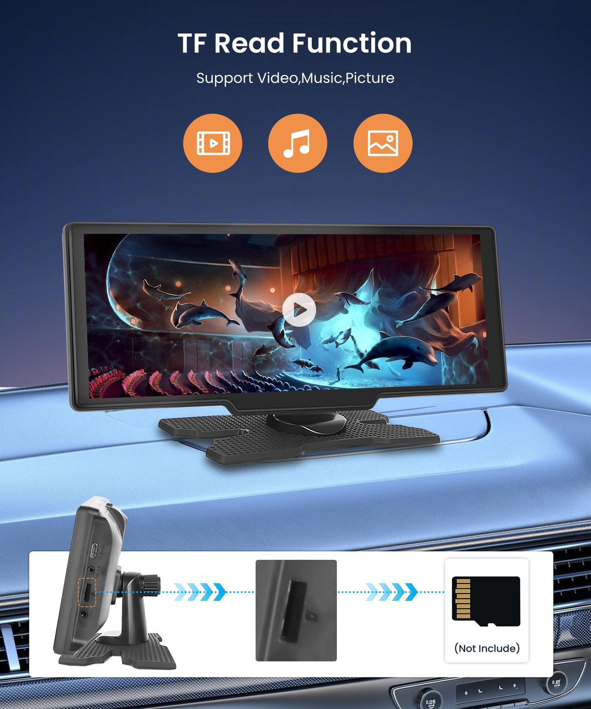 Podofo AUX and FM audio output to car speakers for enhanced sound.