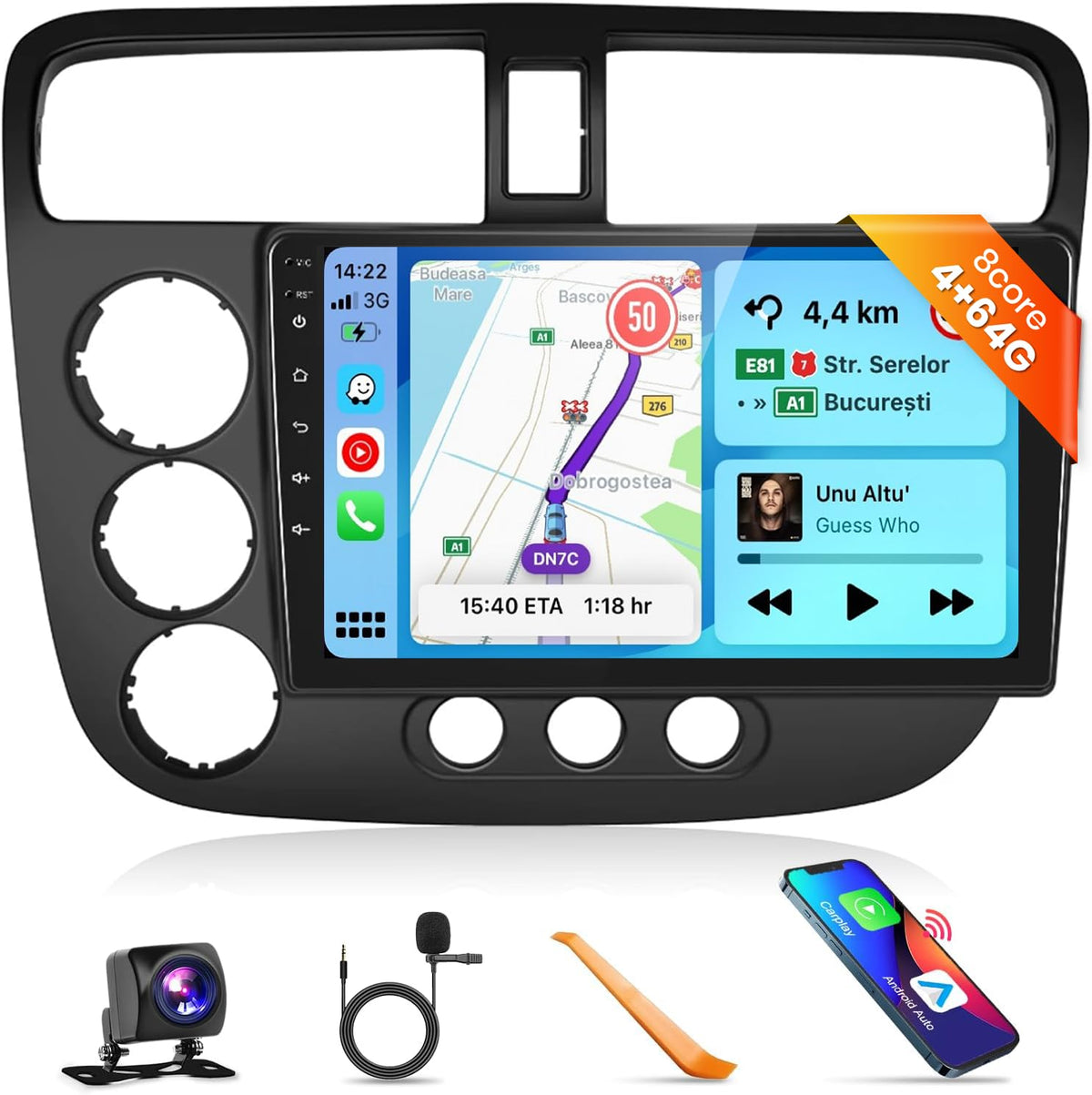 Podofo 8-core 4G Civic head unit front panel for installation-ready setup
