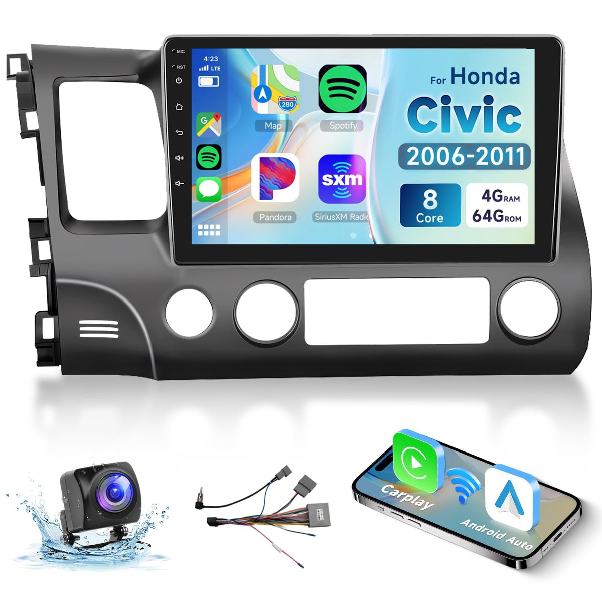 Podofo 8-core car radio front view with 10.1-inch touchscreen and Android Auto.