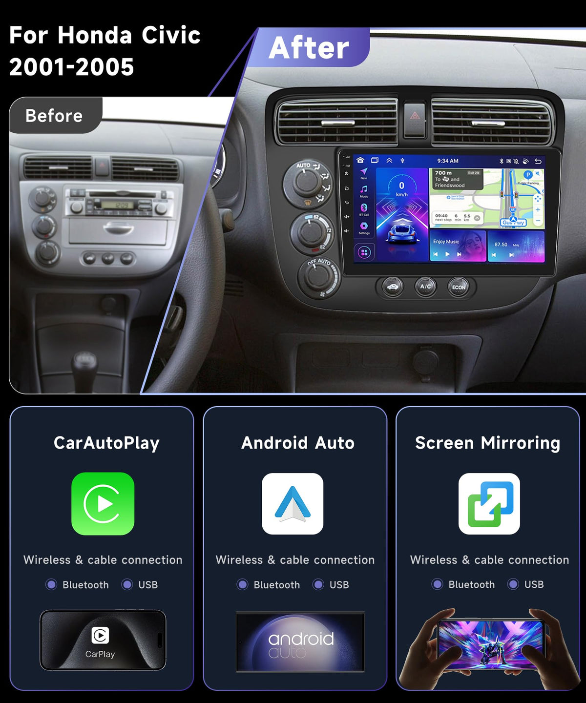 Podofo 9 inch IPS touchscreen display on Civic head unit