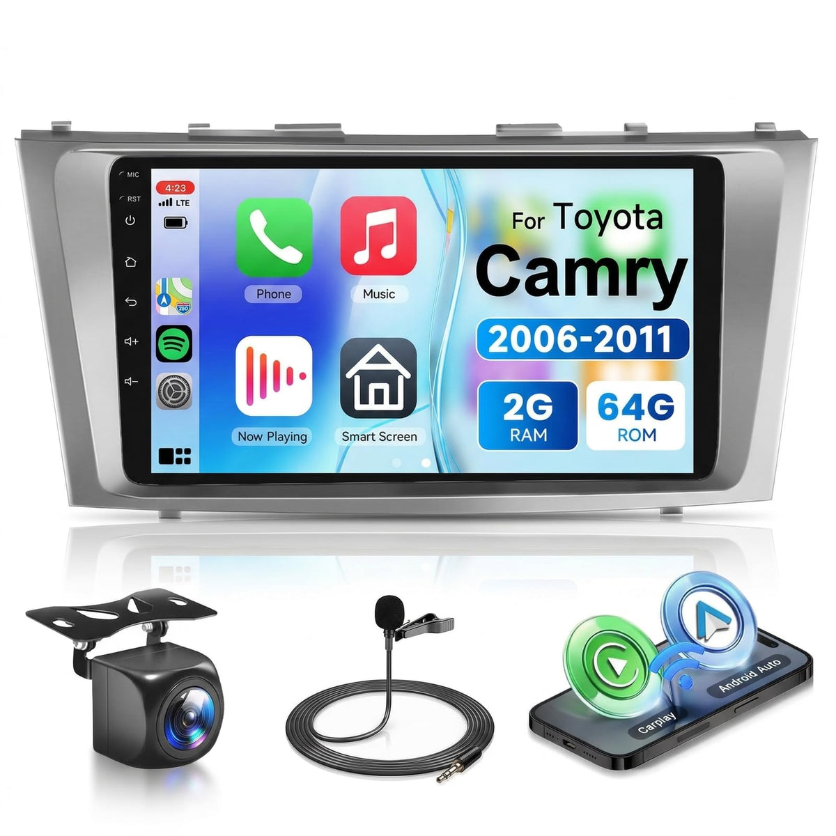 Podofo Android 15 car stereo front panel with 9-inch display for Camry