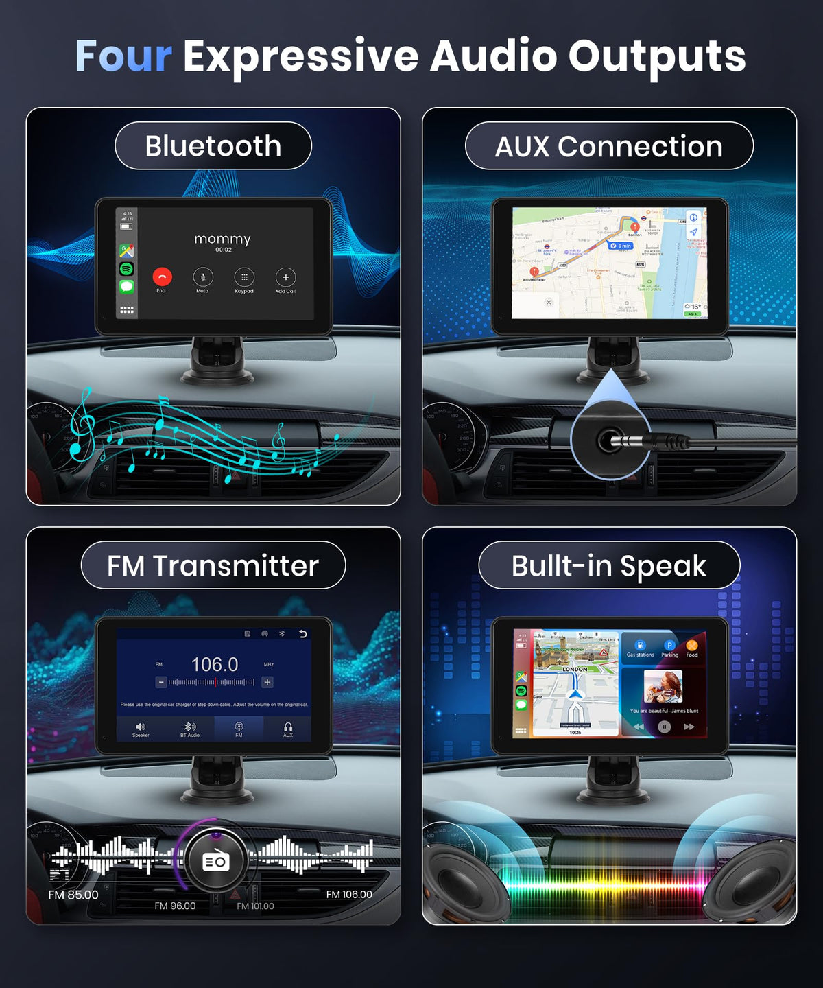 podofo back panel ports and controls showing AUX, power, and connection options