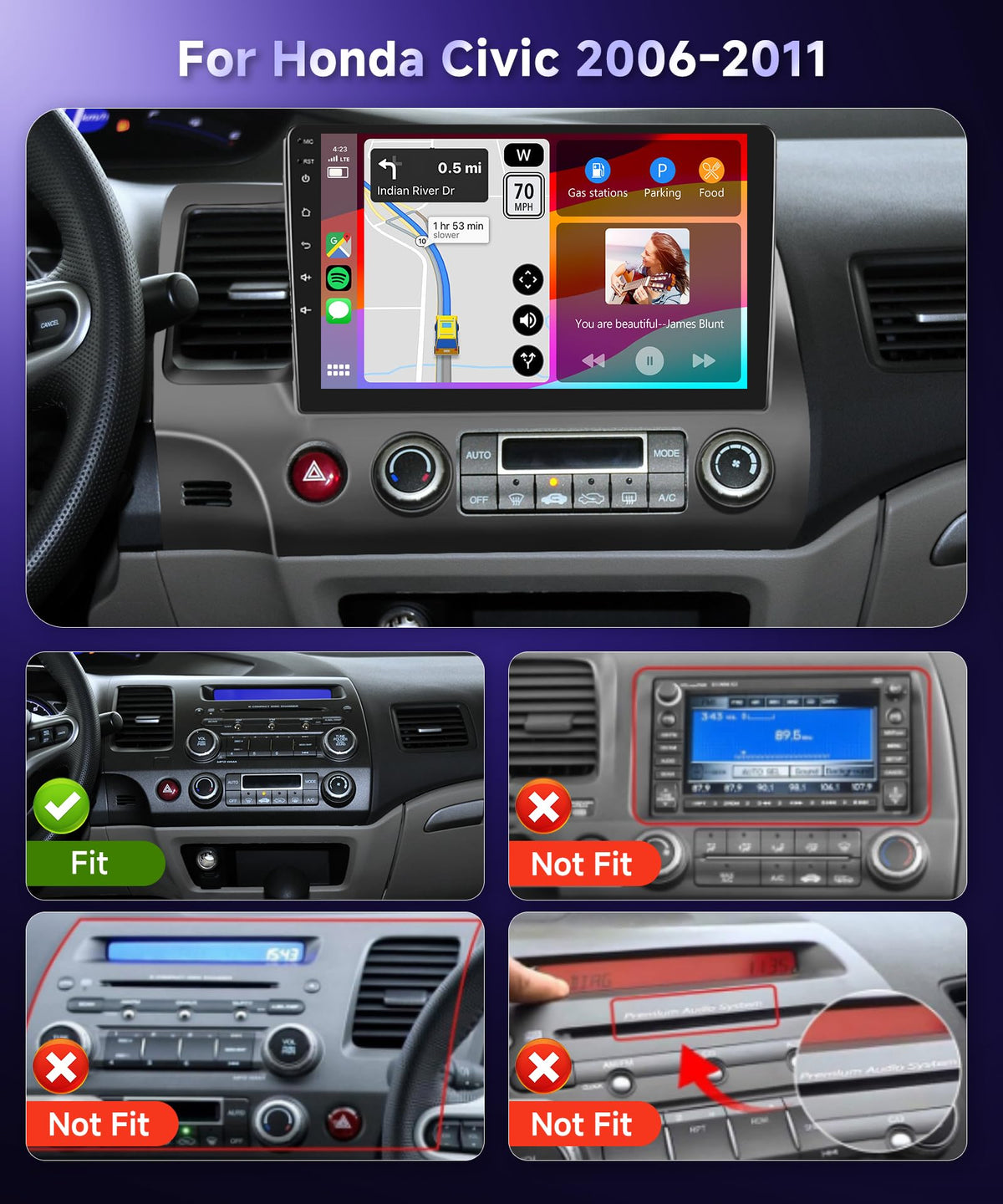 Podofo radio in Honda Civic enabling wireless CarPlay for iPhone apps.
