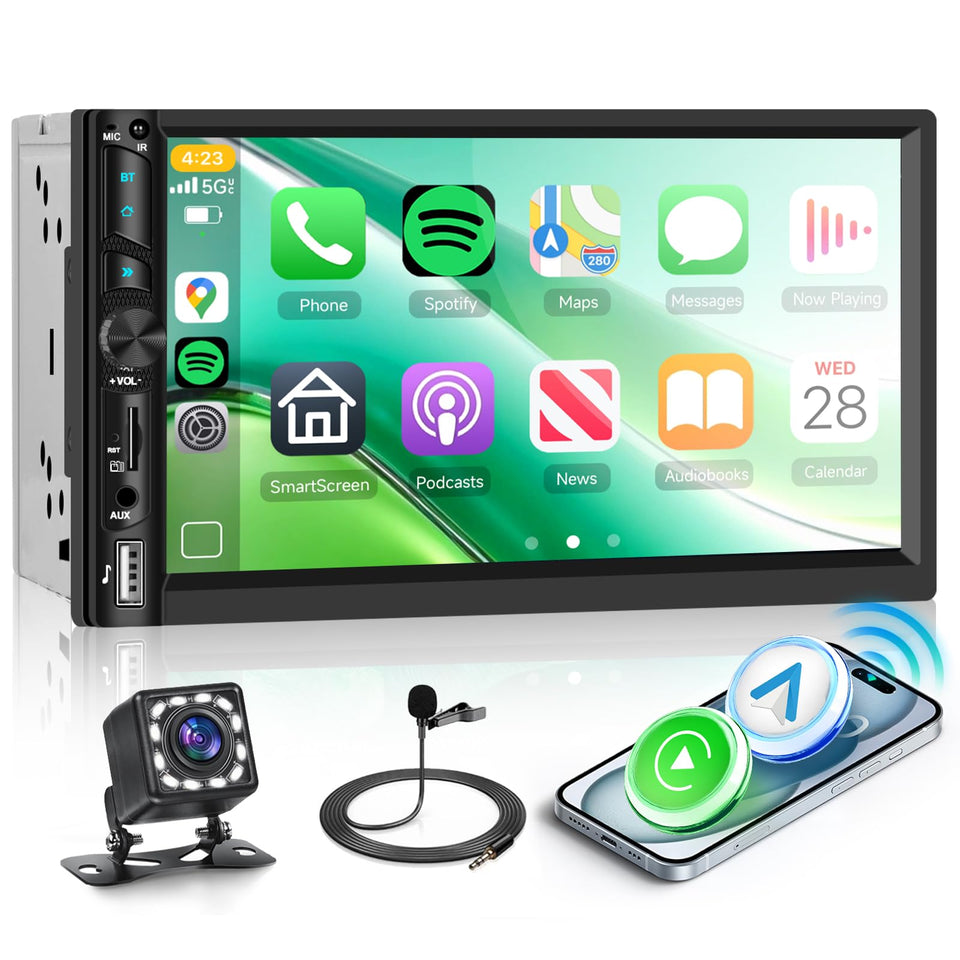 Podofo double din stereo with wireless CarPlay for easy navigation.