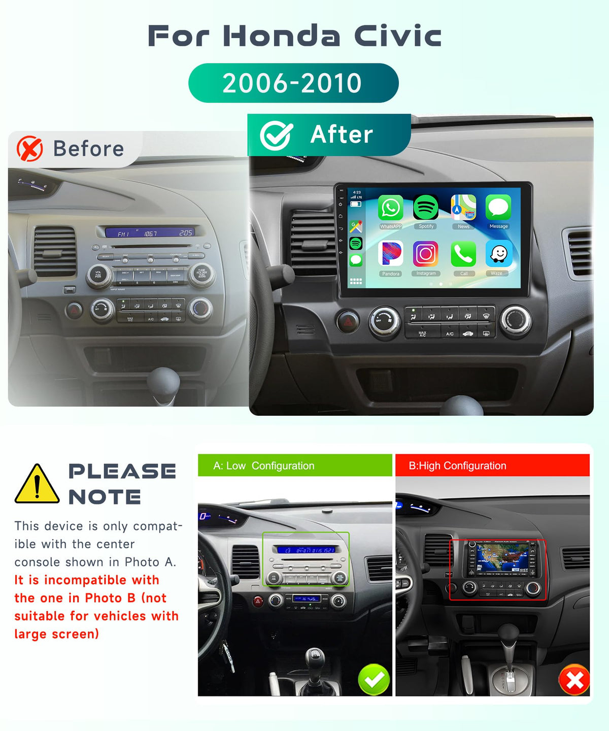 Podofo Honda Civic 10.1-inch IPS touchscreen for sharp navigation visuals.
