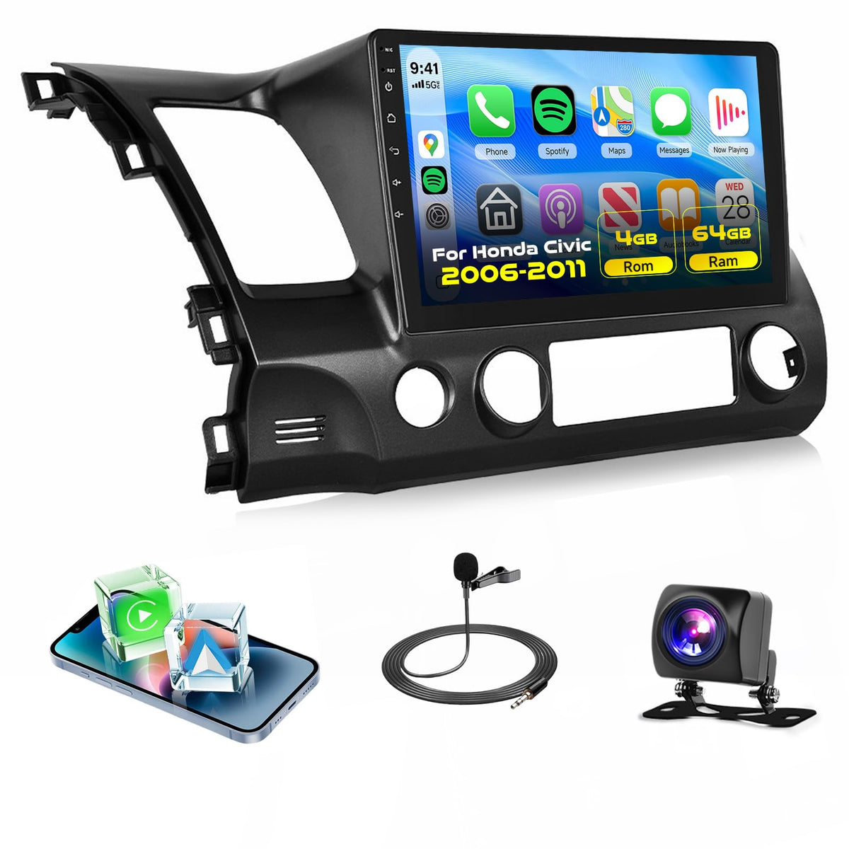 Podofo Honda Civic front-panel Android head unit with plug-and-play installation.