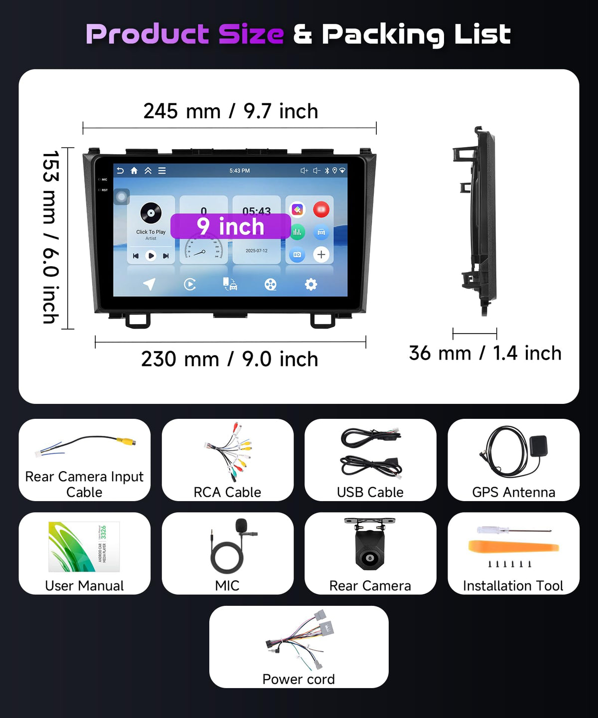 Podofo Honda CR-V 9-inch in-cell touchscreen with crisp visuals