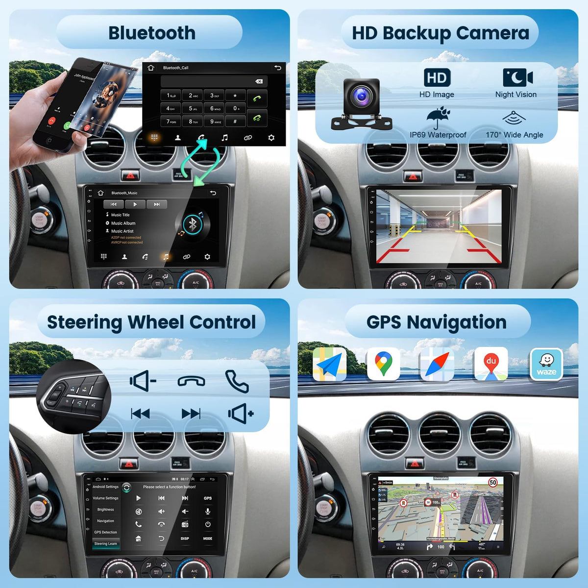 Podofo Nissan Altima 1080p glass touchscreen enhances visual clarity.