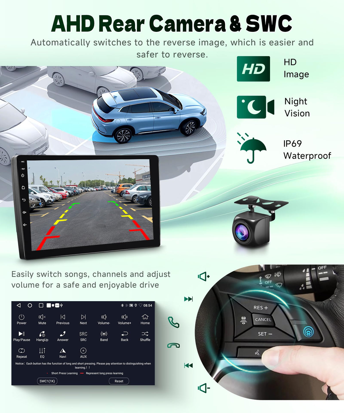Podofo rear view camera delivers full HD clarity for parking and reversing.