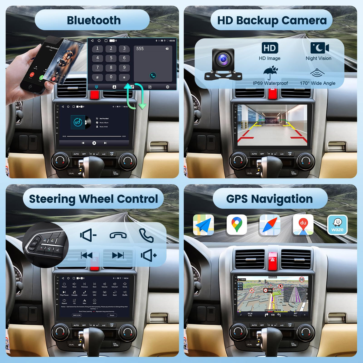 Podofo rear-view camera support improves parking visibility in Honda CRV.