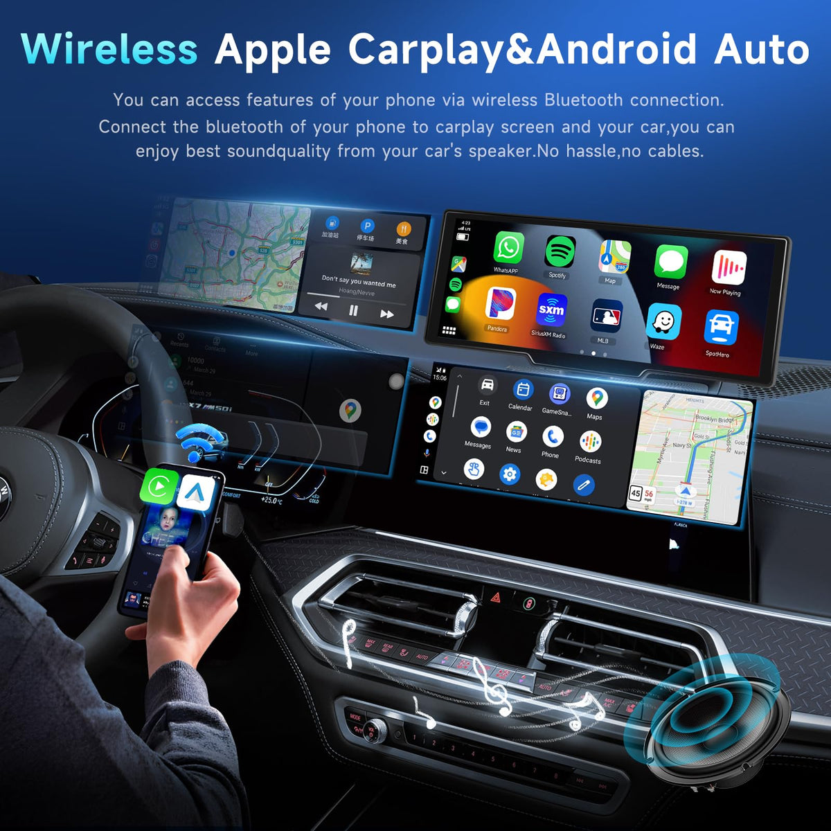 Podofo wireless CarPlay/Android Auto connection for hands-free infotainment.