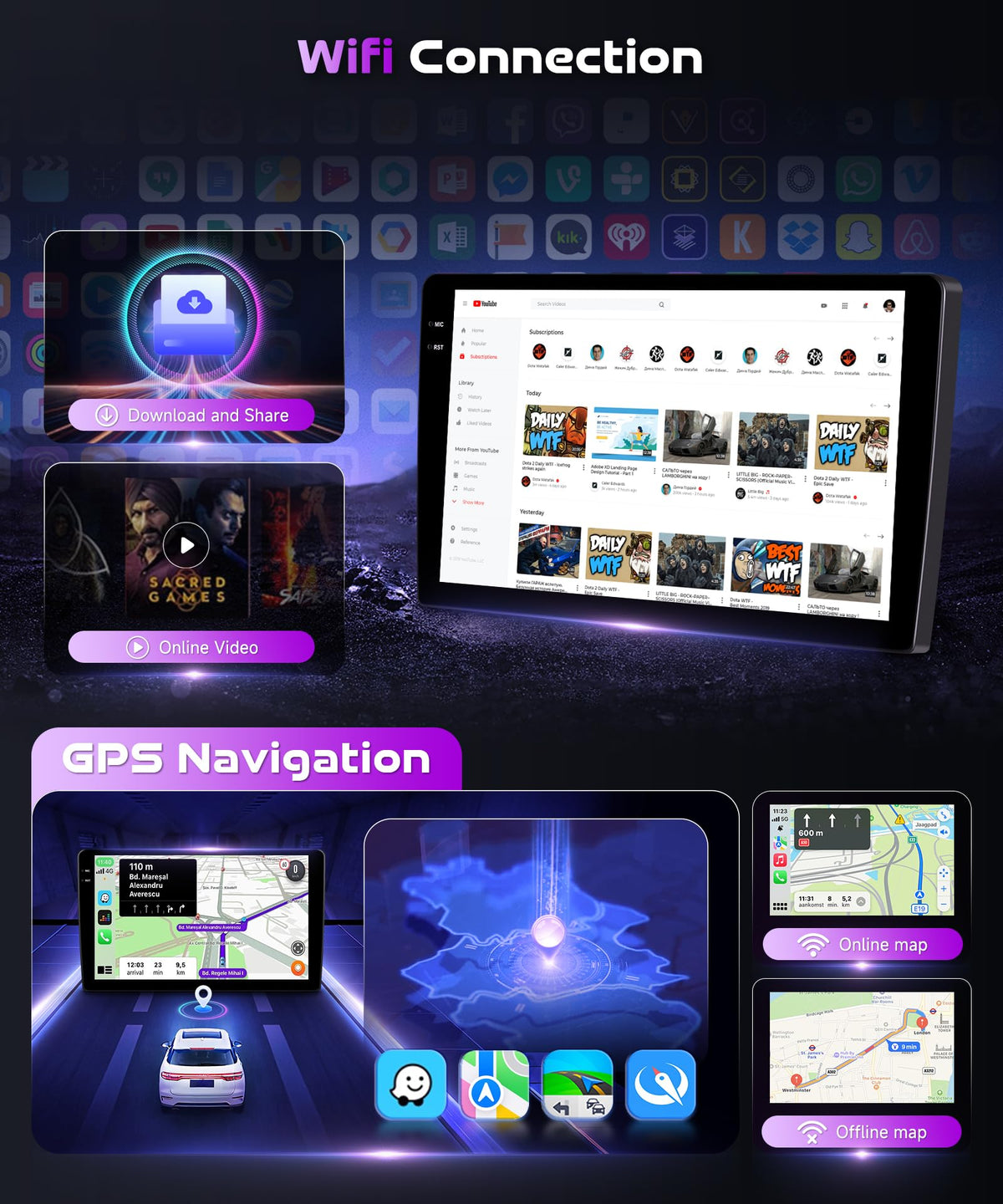 Podofo wireless CarPlay and Android Auto for seamless phone integration.