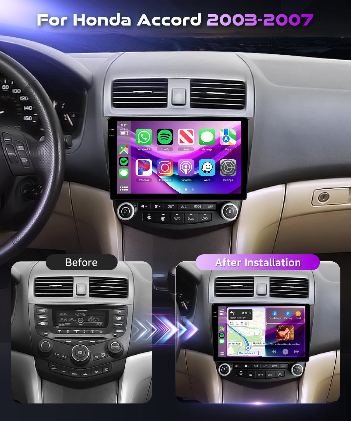 Podofo wireless CarPlay Android Auto icon display for safer hands-free access.