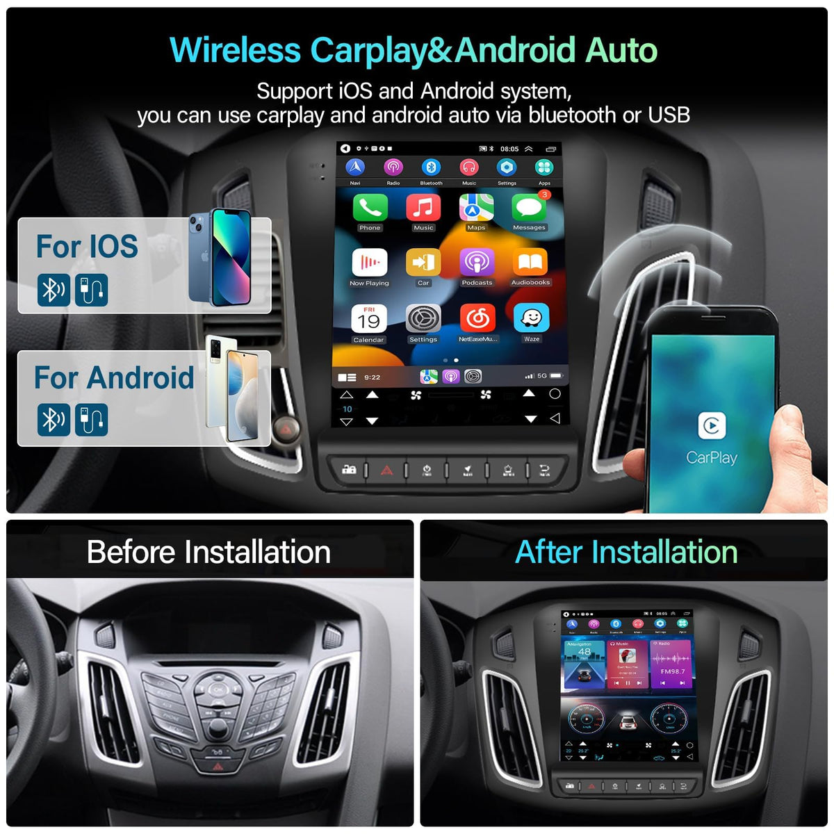Podofo wireless CarPlay and Android Auto enable seamless device integration.