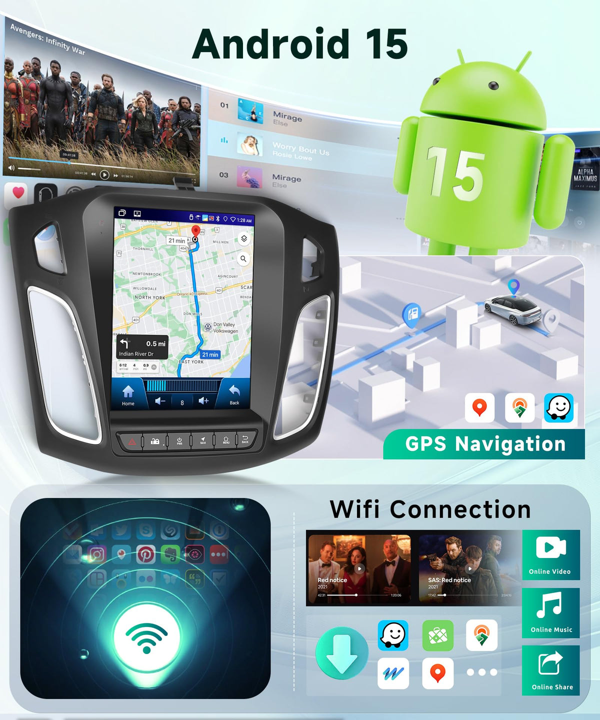 Podofo wireless CarPlay and Android Auto enable hands-free app access.