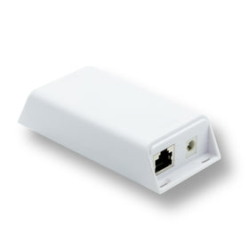 PoE Texas Gat-24v25w inline splitter powering a 24V device from PoE+ input.