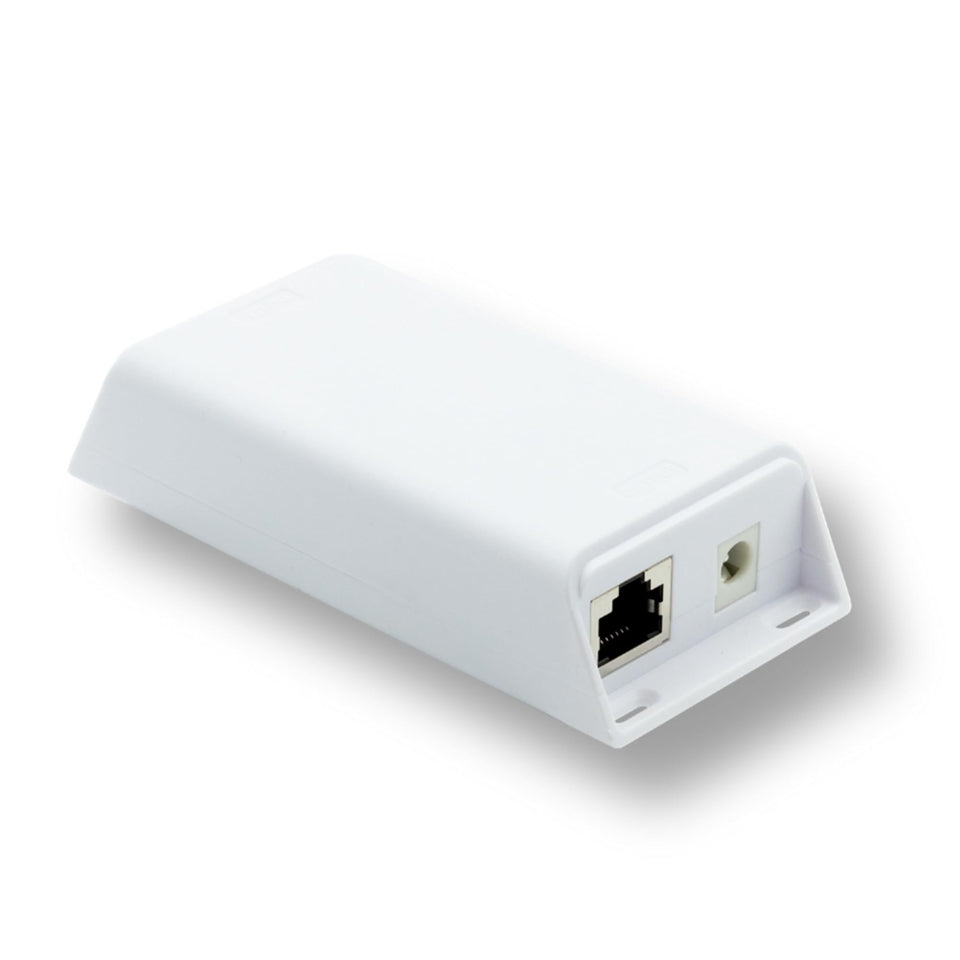 PoE Texas Gat-24v25w inline splitter powering a 24V device from PoE+ input.