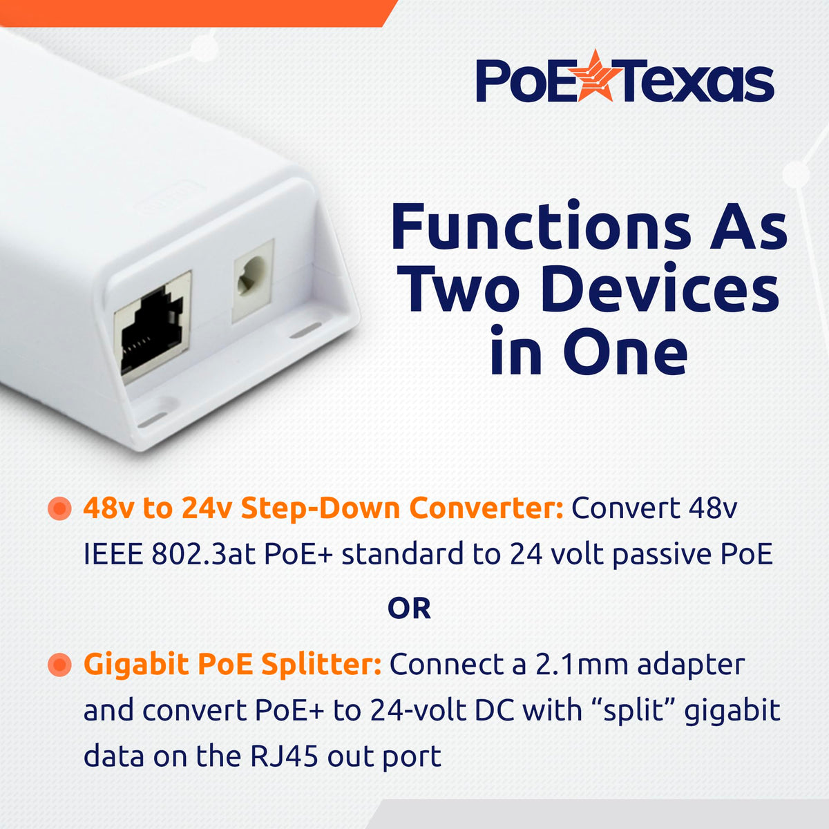 PoE Texas RJ45 gigabit data path preserving full network speed.