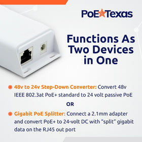PoE Texas RJ45 gigabit data path preserving full network speed.