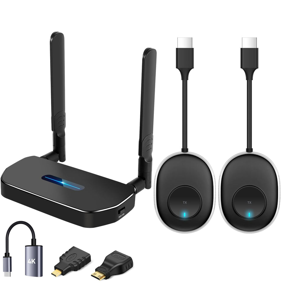 POFAN HDMI transmitter setup enabling seamless wireless display sharing from laptop to TV.
