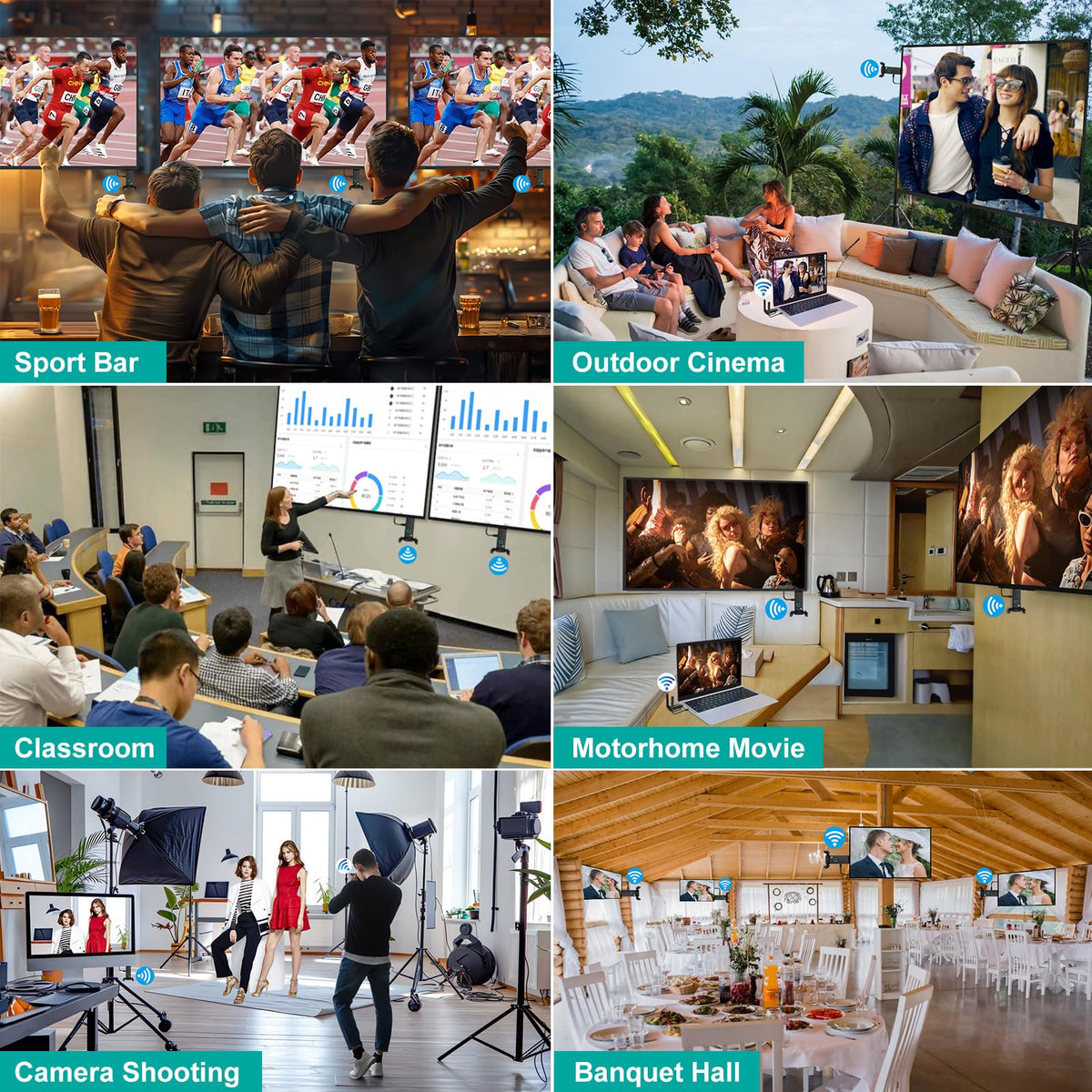 POFAN multi-screen setup shows synchronized TV and projector displays.