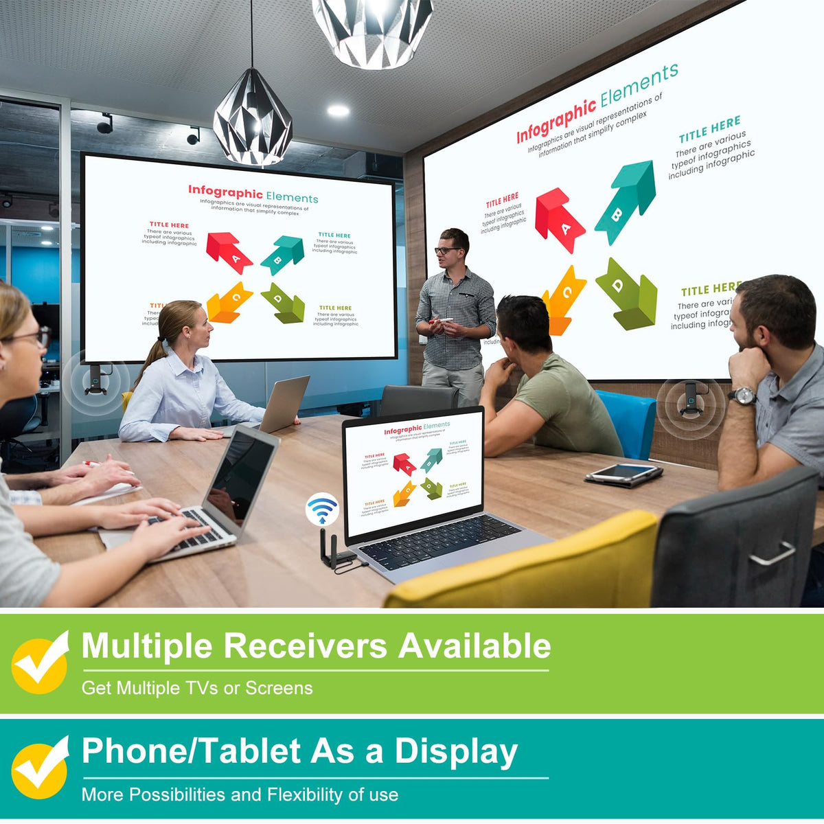 POFAN wireless HDMI kit in living room demonstrating effortless multi-display use.