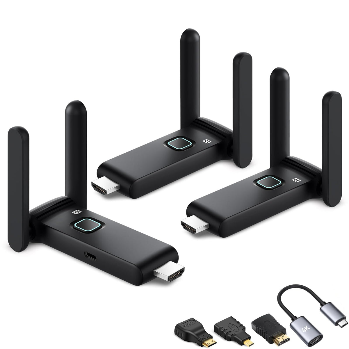 POFAN Wireless HDMI transmitter front view showing compact design for easy setup.
