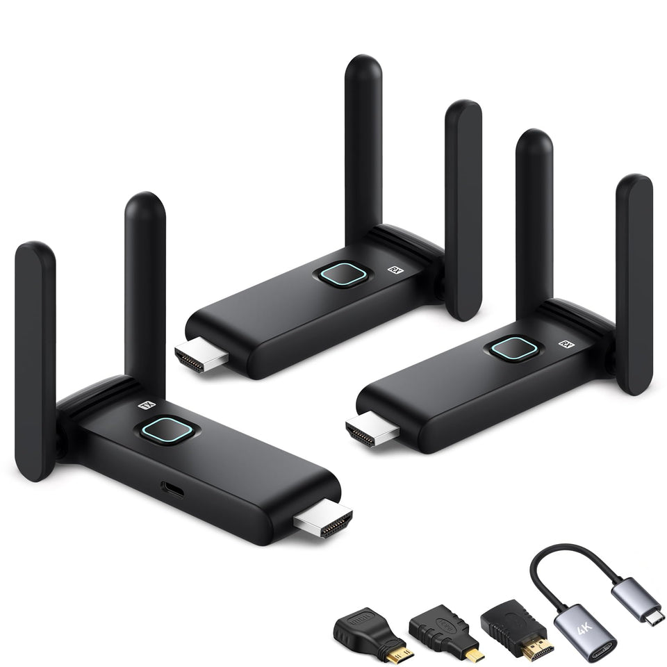 POFAN Wireless HDMI transmitter front view showing compact design for easy setup.