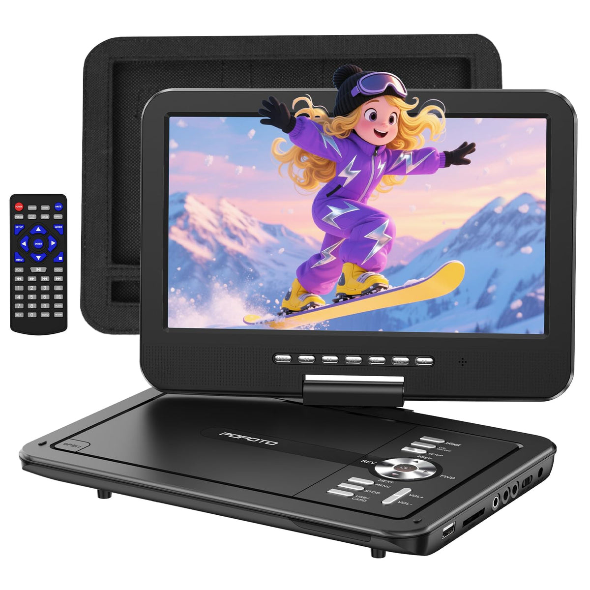 POFOTO portable DVD player with 12.5-inch profile, ideal for travel