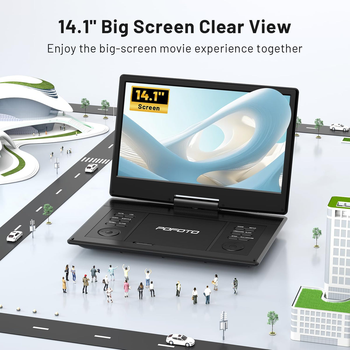 POFOTO portable DVD swivel screen 270 degrees for flexible viewing angles.