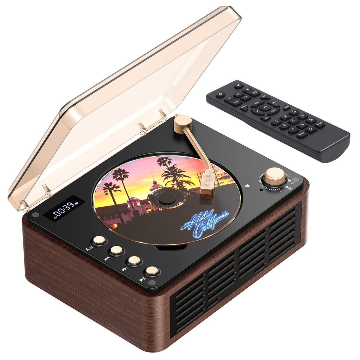 pofoto walnut front view showing speaker and benefit portable music anywhere