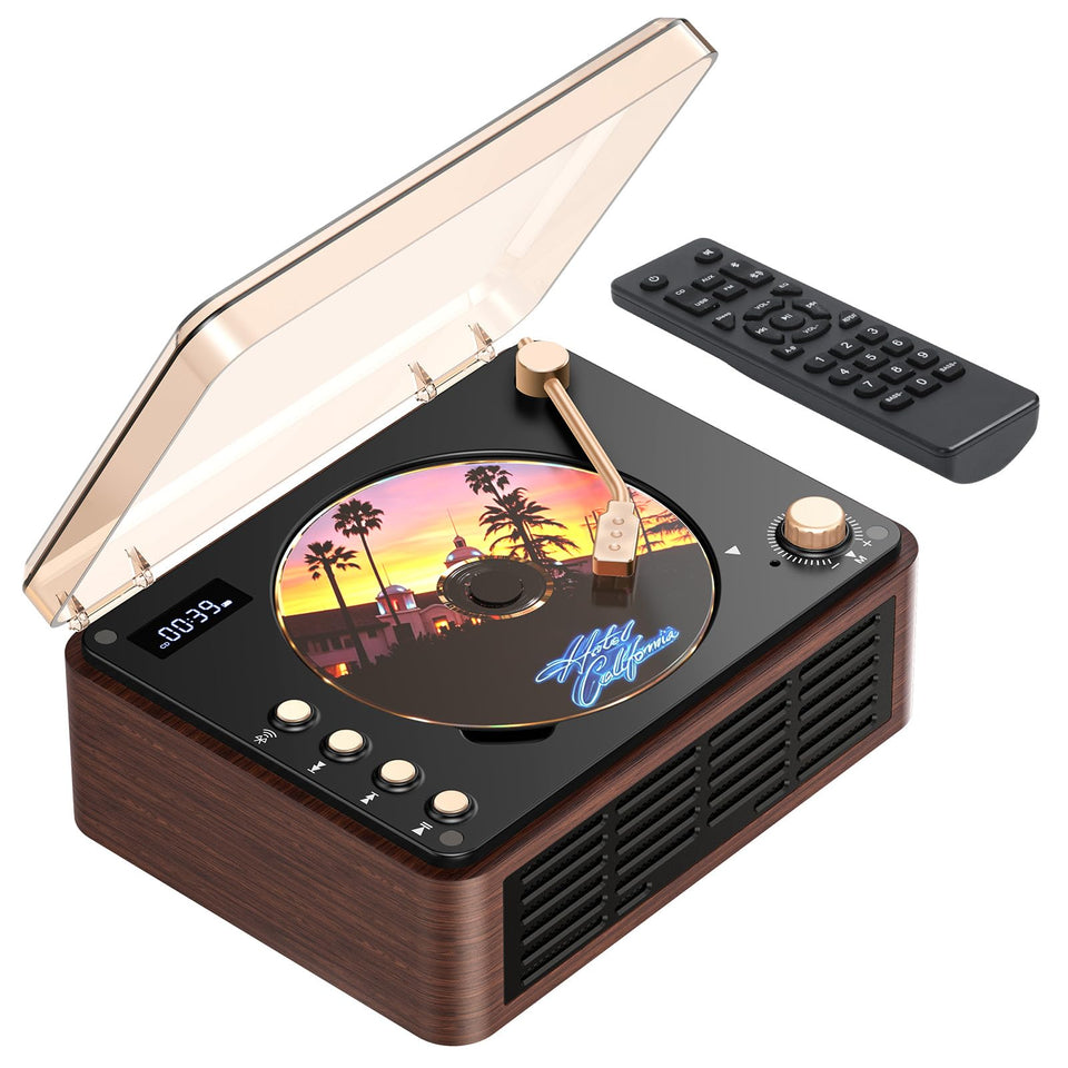 pofoto walnut front view showing speaker and benefit portable music anywhere