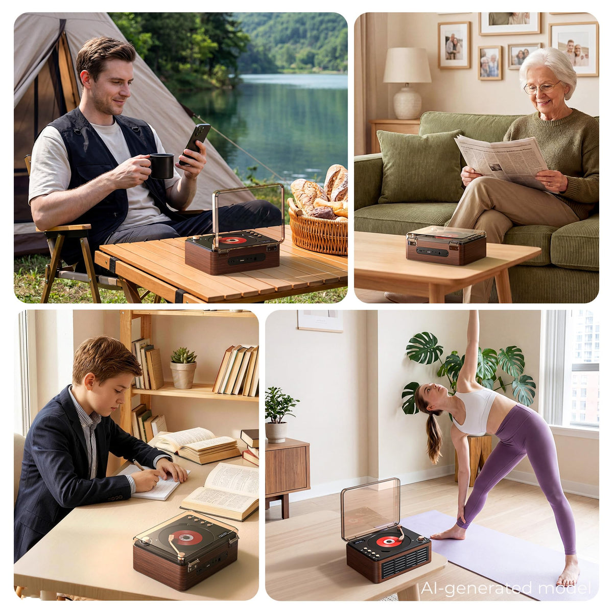 pofoto player on picnic blanket showing battery-powered portability benefit