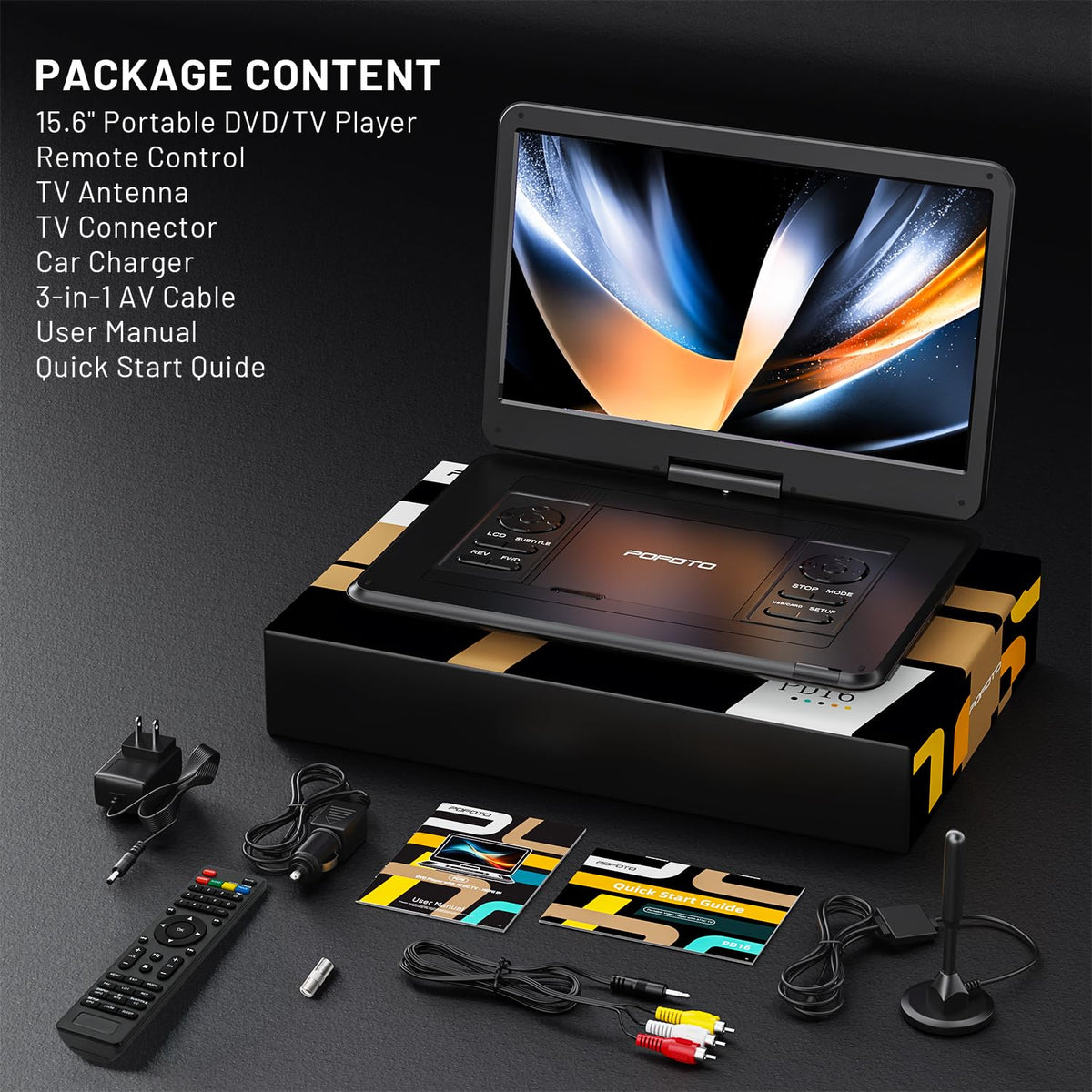 POFOTO portable TV/DVD in use on a table during travel.